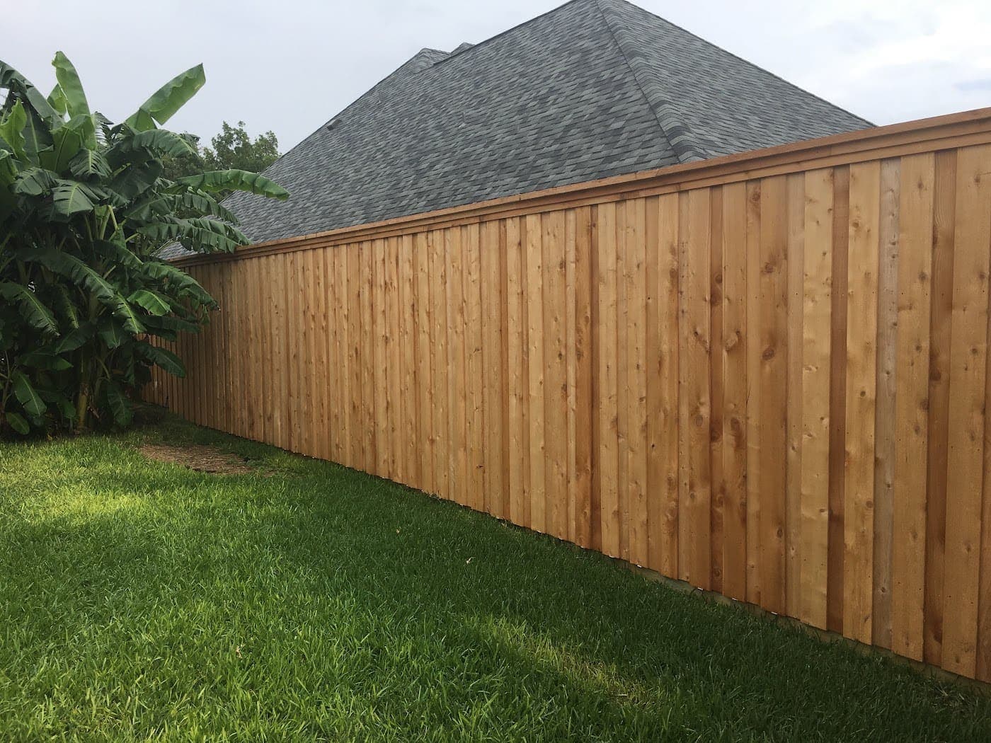 Cedar board-on-board fence along a side yard
