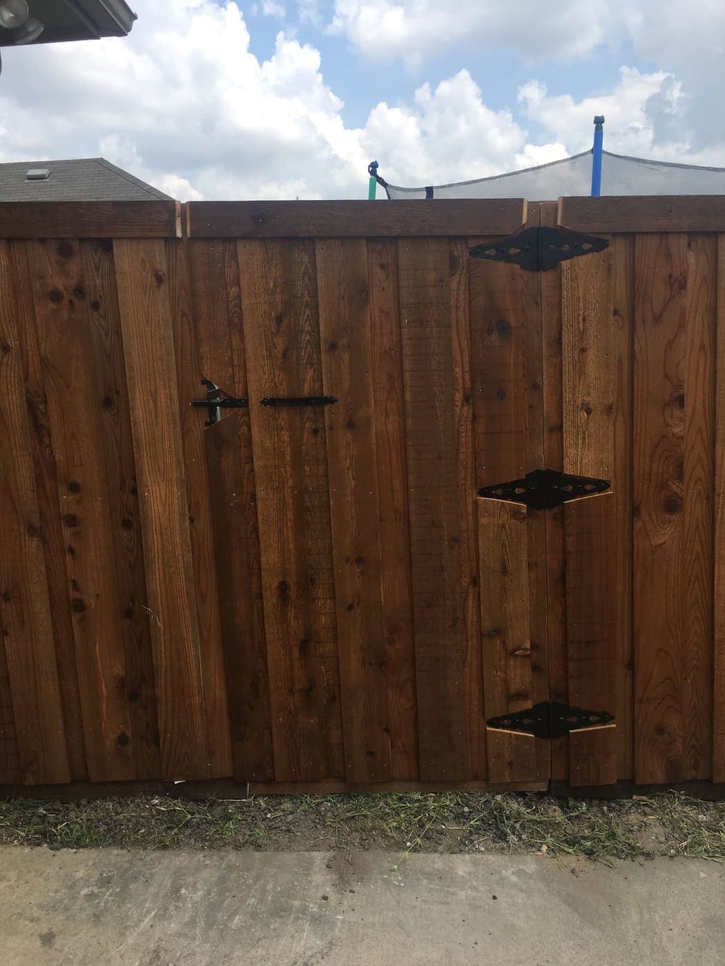 Stained cedar double gate with black hinges and latch