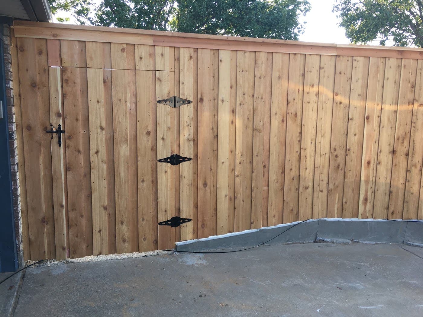 Cedar double gate with black hardware off a concrete drive