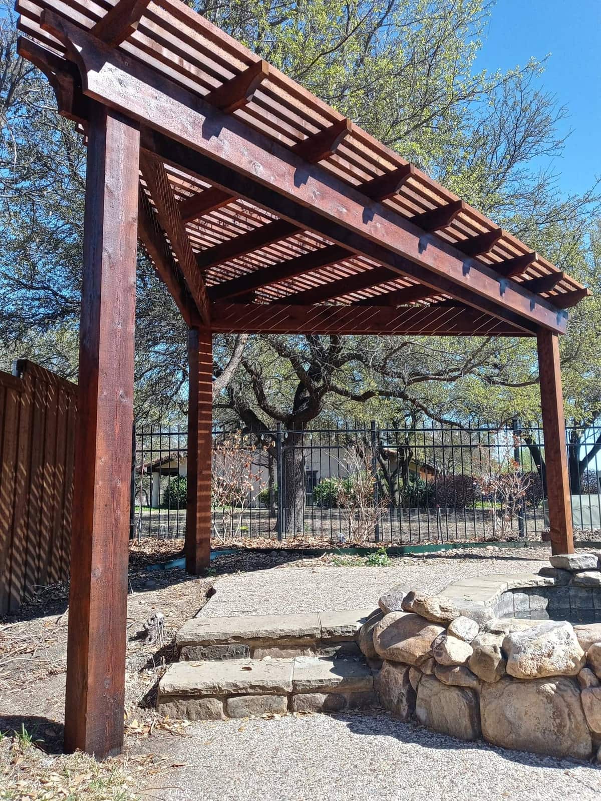 Cedar pergola in Plano, TX — large-format with structural beams